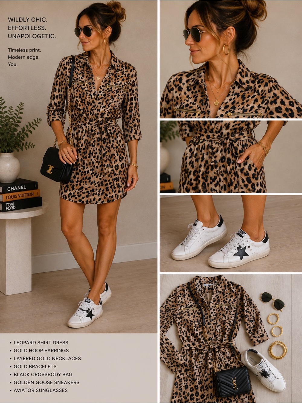 Calvin Klein Leopard Print Tie-Waist Shirt Dress - Tan & Black